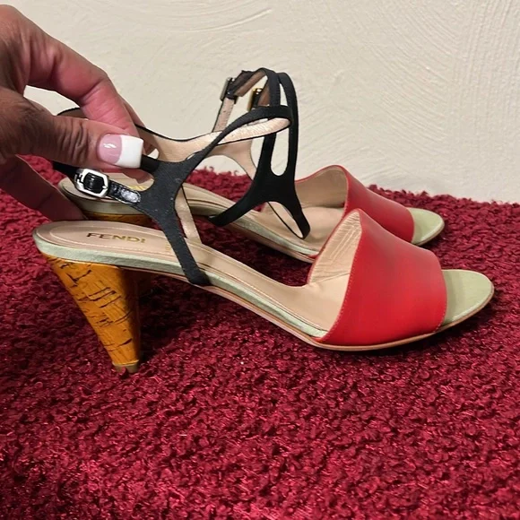 Fendi Olive Faille Color Block Ankle Strap Sandals size 8 - Picture 9 of 17